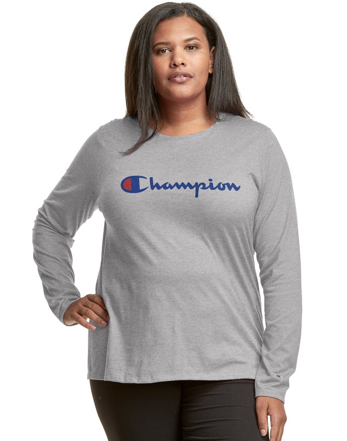 Camiseta Champion Mujer - Plus Classic Long-Sleeve Script Logo ( Gris ) 3297841-OC